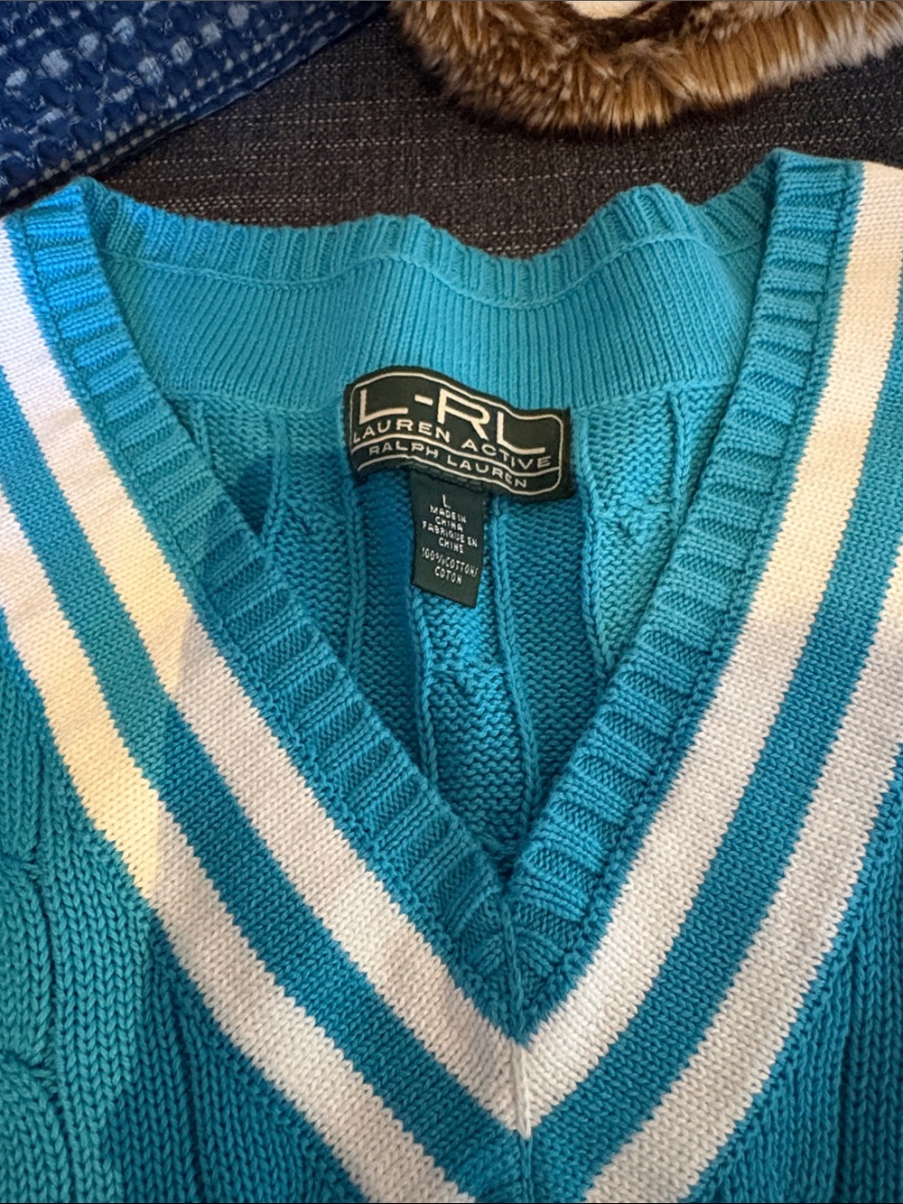 Ralph Lauren Teal and White V-Neck Striped Sweater